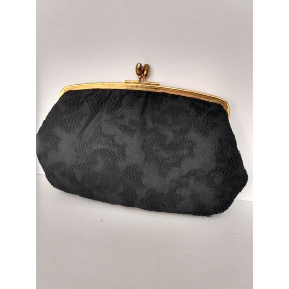 VINTAGE BLACK & GOLD FLORAL KNITTED BROCADE EVENING PURSE/HANDBAG/CLUTCH - Picture 1 of 10